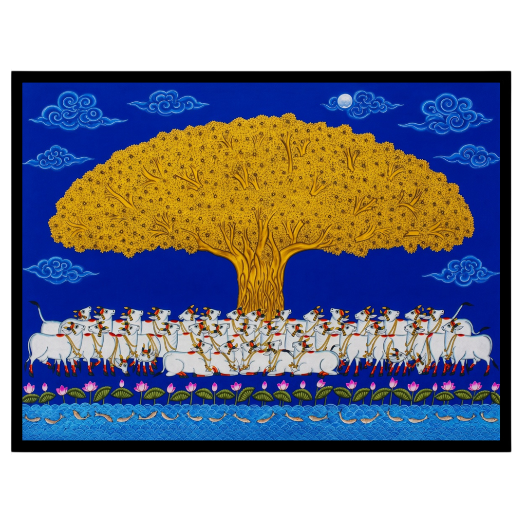 Elevate your living space with this striking Pichwai artwork, showcasing a grand Golden Tree of for living-space