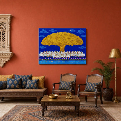 Elevate your living space with this striking Pichwai artwork, showcasing a grand Golden Tree of for Sitting Area