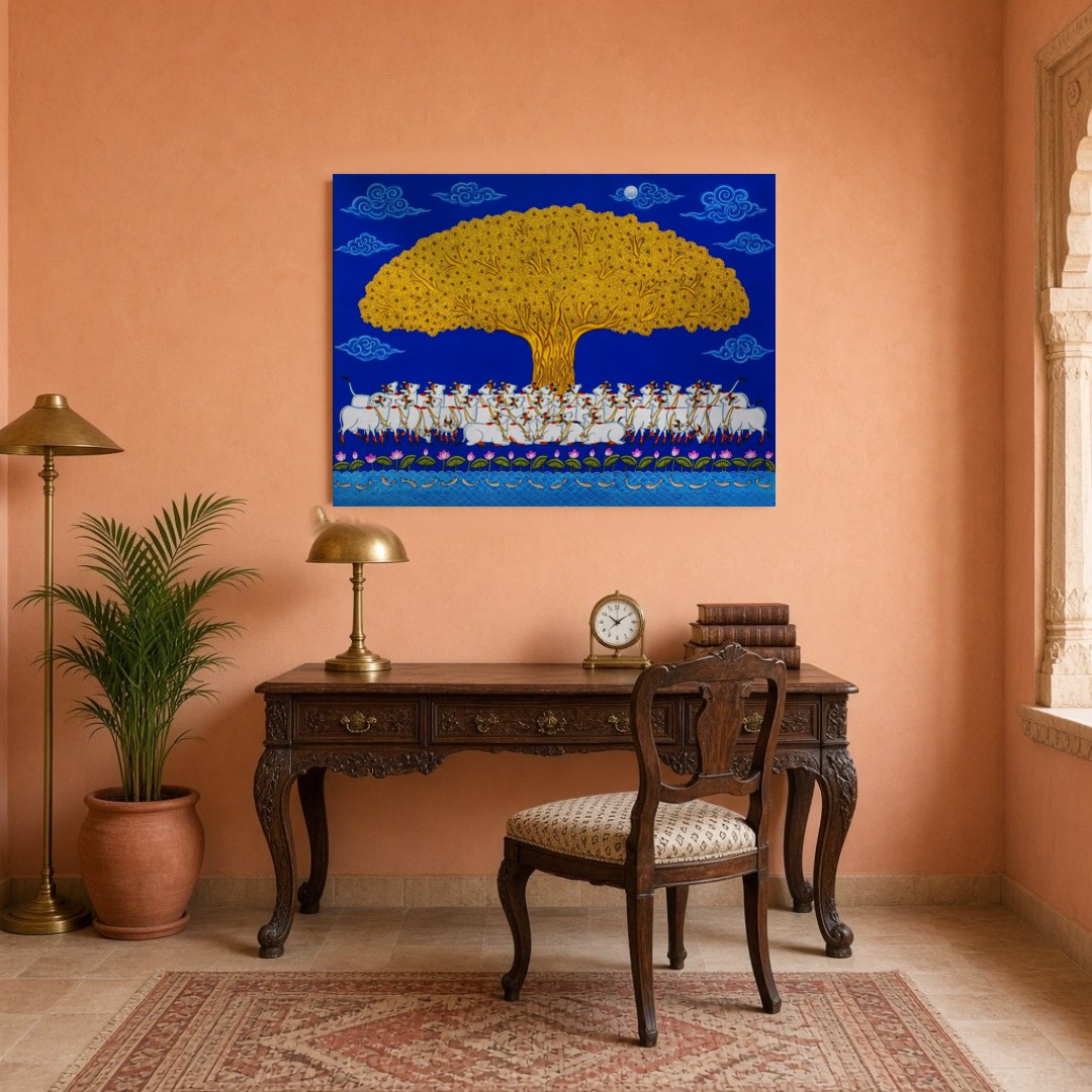 Elevate your living space with this striking Pichwai artwork, showcasing a grand Golden Tree of for Study
