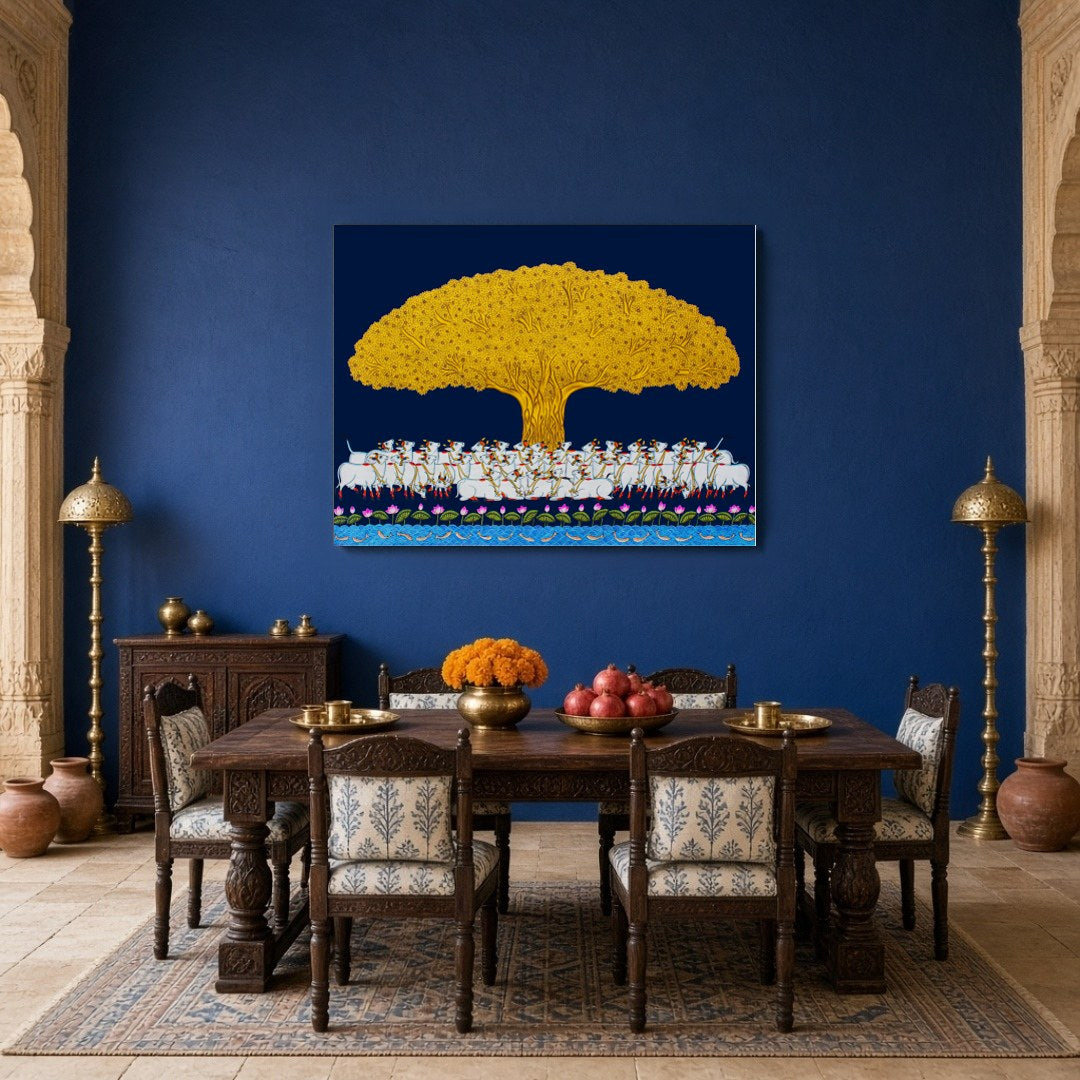 Elevate your home with this enchanting Pichwai art piece depicting the illustrious Tree of Life in for Dining