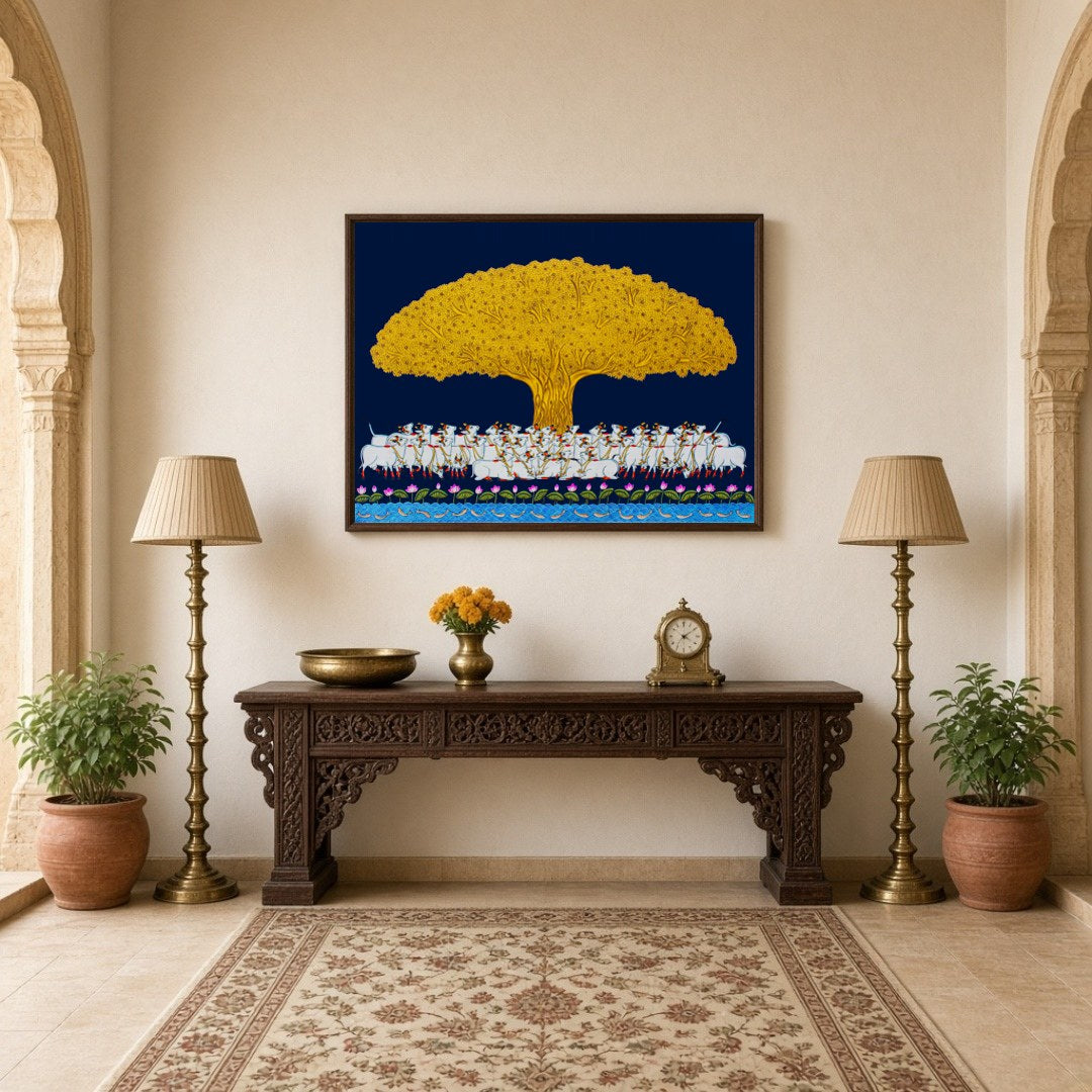 Elevate your home with this enchanting Pichwai art piece depicting the illustrious Tree of Life in for Hallway