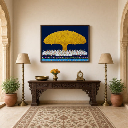 Elevate your home with this enchanting Pichwai art piece depicting the illustrious Tree of Life in for Hallway