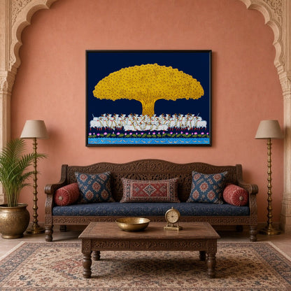 Elevate your home with this enchanting Pichwai art piece depicting the illustrious Tree of Life in for Living Room