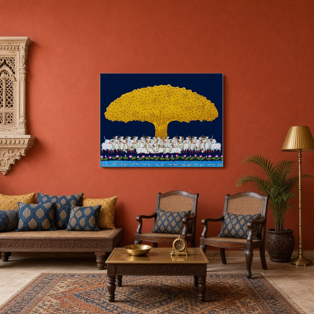 Elevate your home with this enchanting Pichwai art piece depicting the illustrious Tree of Life in for Sitting Area