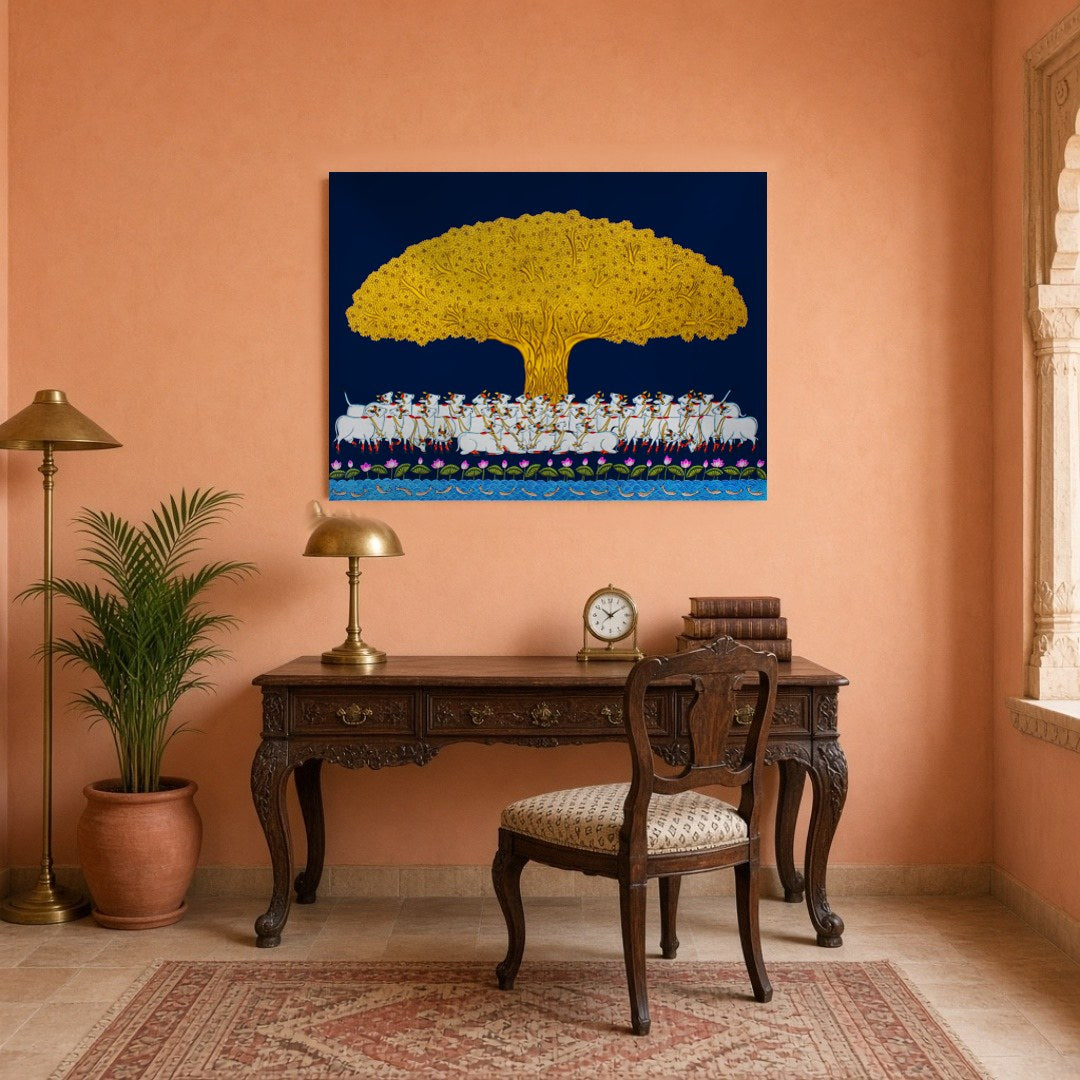 Elevate your home with this enchanting Pichwai art piece depicting the illustrious Tree of Life in for Study