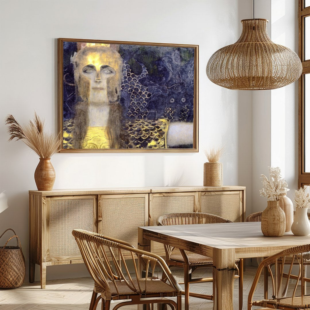 This captivating artwork features a regal warrior adorned in shimmering gold against a dramatic, for Dining