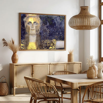 This captivating artwork features a regal warrior adorned in shimmering gold against a dramatic, for Dining
