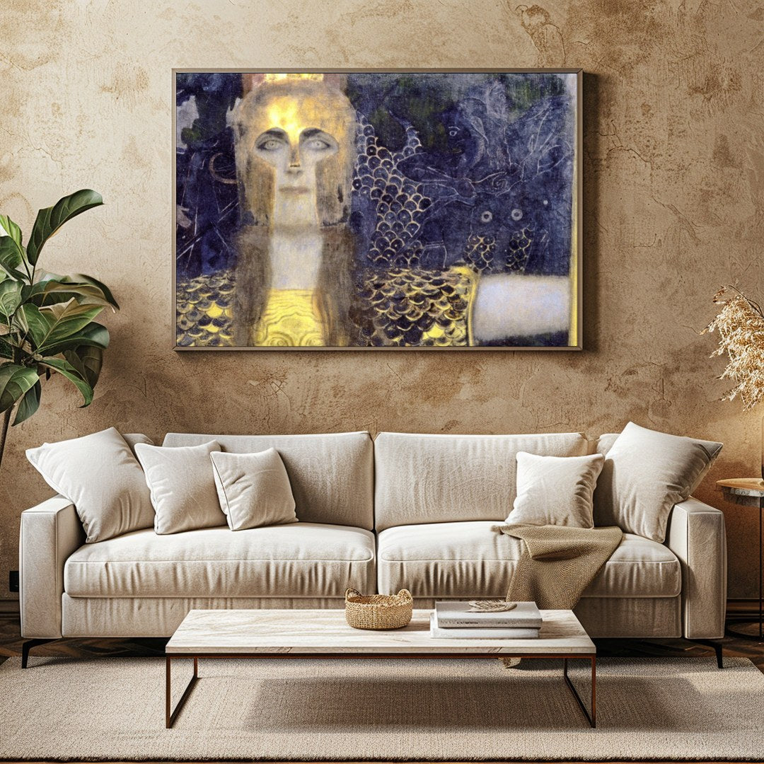 This captivating artwork features a regal warrior adorned in shimmering gold against a dramatic, for Family Room