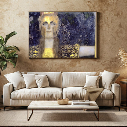 This captivating artwork features a regal warrior adorned in shimmering gold against a dramatic, for Family Room