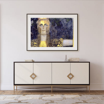 This captivating artwork features a regal warrior adorned in shimmering gold against a dramatic, for Foyer