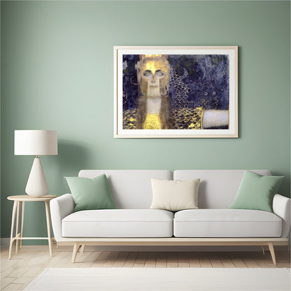 This captivating artwork features a regal warrior adorned in shimmering gold against a dramatic, for Hall