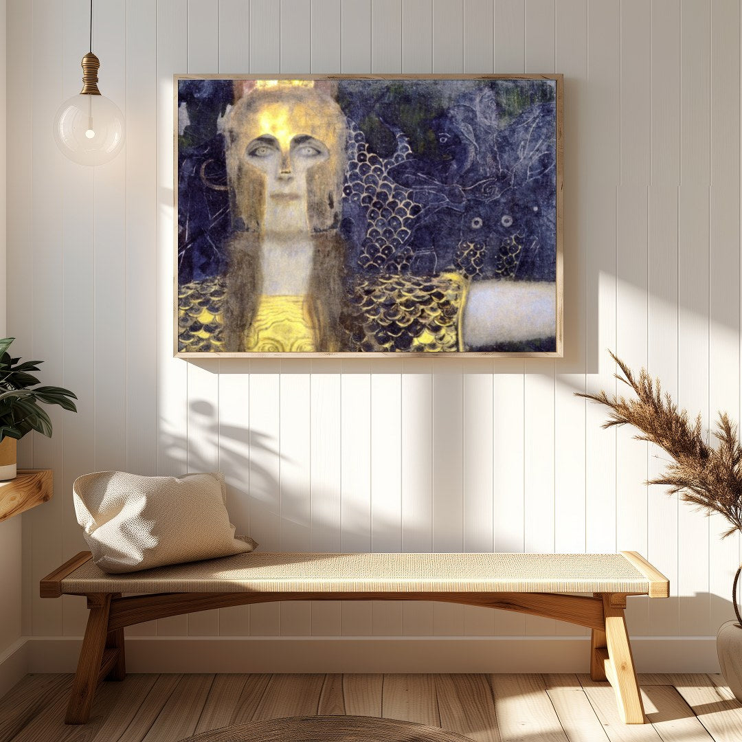 This captivating artwork features a regal warrior adorned in shimmering gold against a dramatic, for Hallway