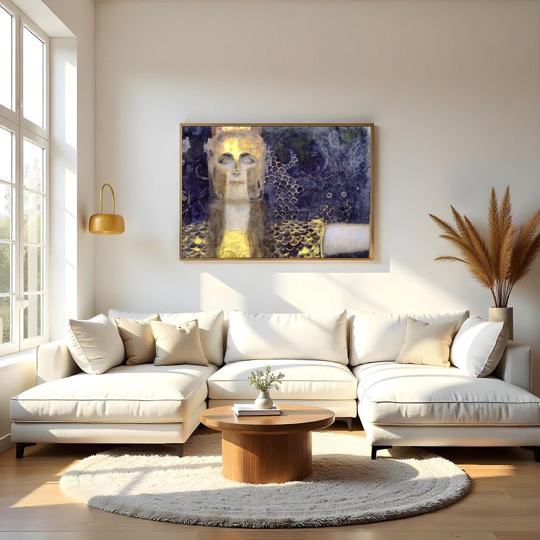 This captivating artwork features a regal warrior adorned in shimmering gold against a dramatic, for Living Room