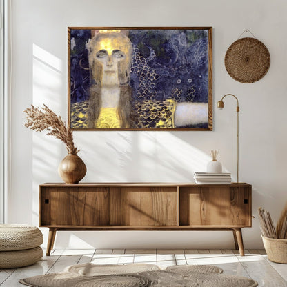 This captivating artwork features a regal warrior adorned in shimmering gold against a dramatic, for Sitting Area