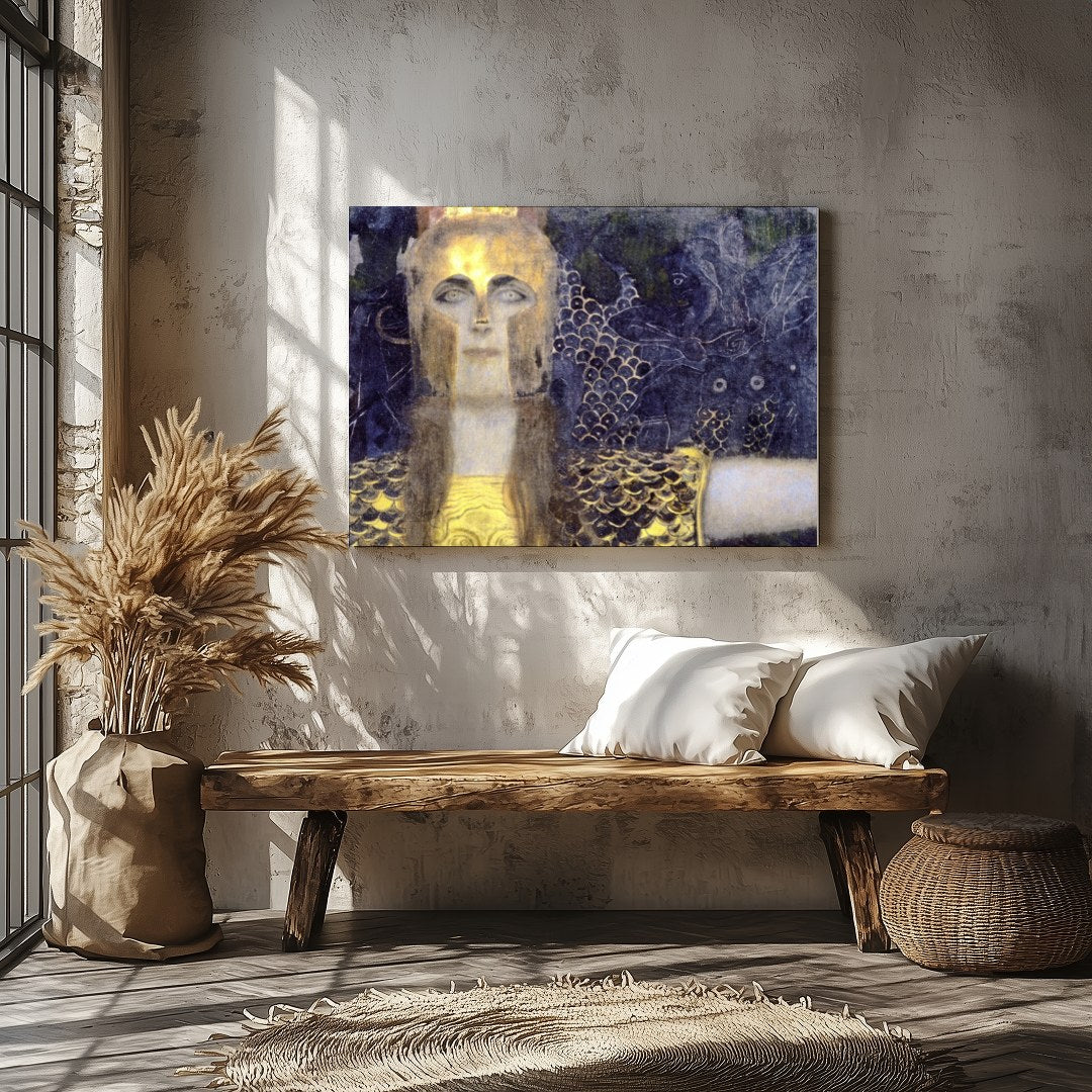 This captivating artwork features a regal warrior adorned in shimmering gold against a dramatic, for Veranda