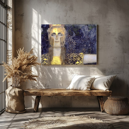 This captivating artwork features a regal warrior adorned in shimmering gold against a dramatic, for Veranda