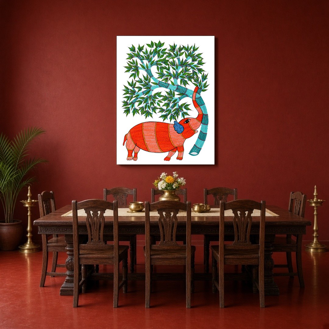 Experience the vibrant allure of Gond art with this captivating depiction of an elephant gracefully for Dining