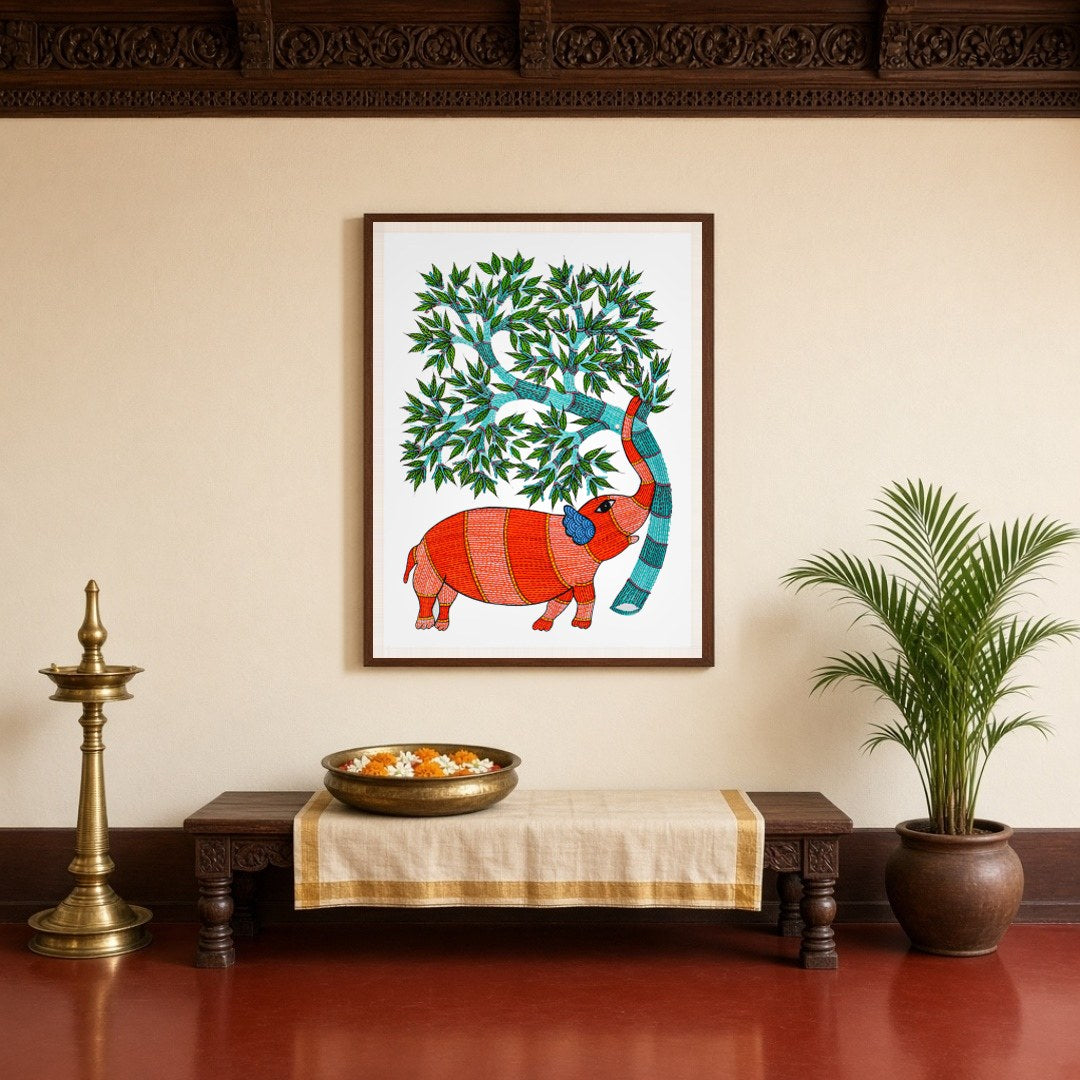 Experience the vibrant allure of Gond art with this captivating depiction of an elephant gracefully for Entrance