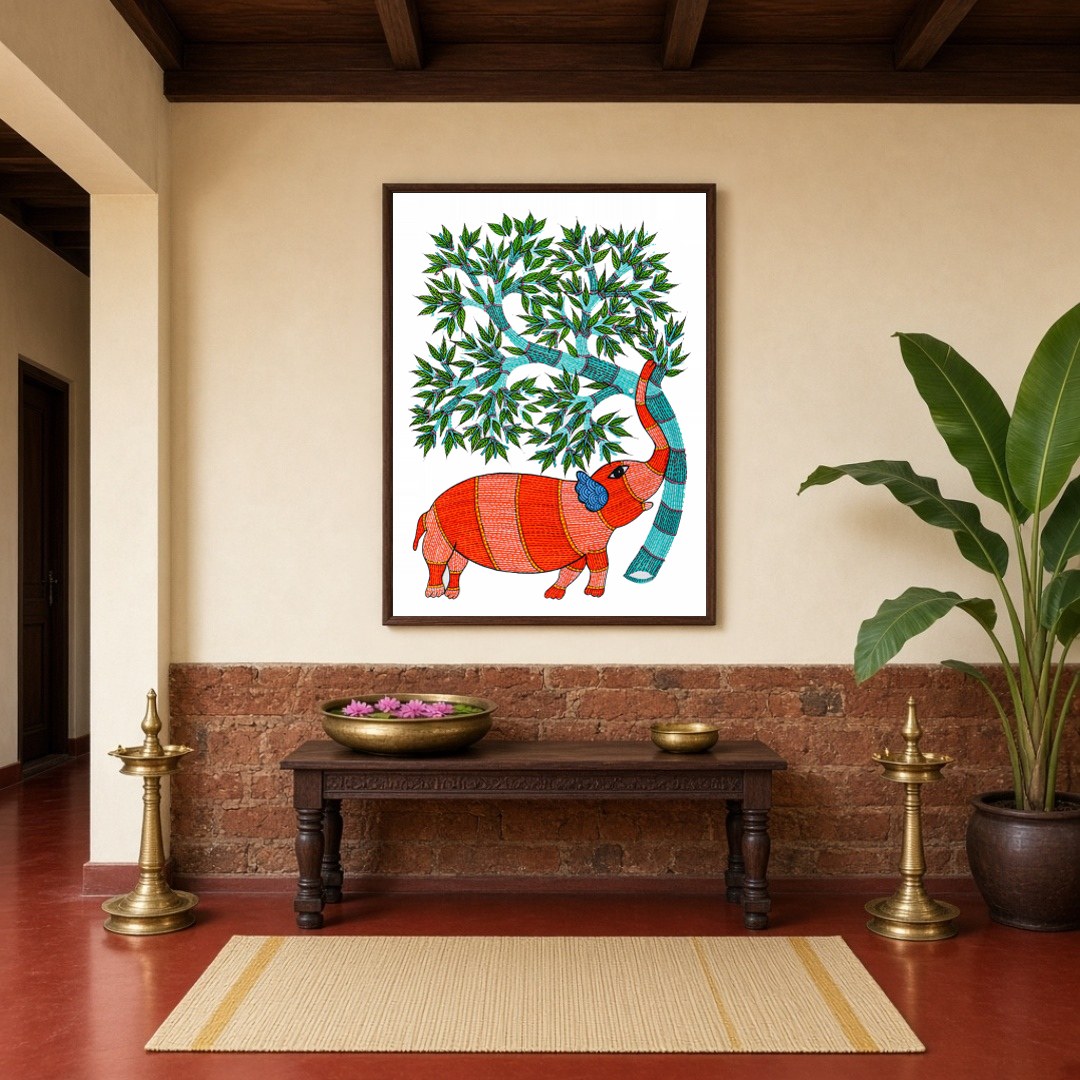 Experience the vibrant allure of Gond art with this captivating depiction of an elephant gracefully for Hallway