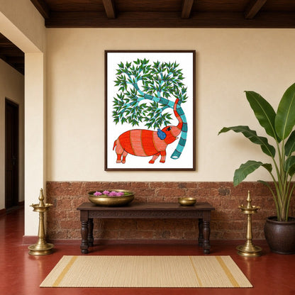 Experience the vibrant allure of Gond art with this captivating depiction of an elephant gracefully for Hallway