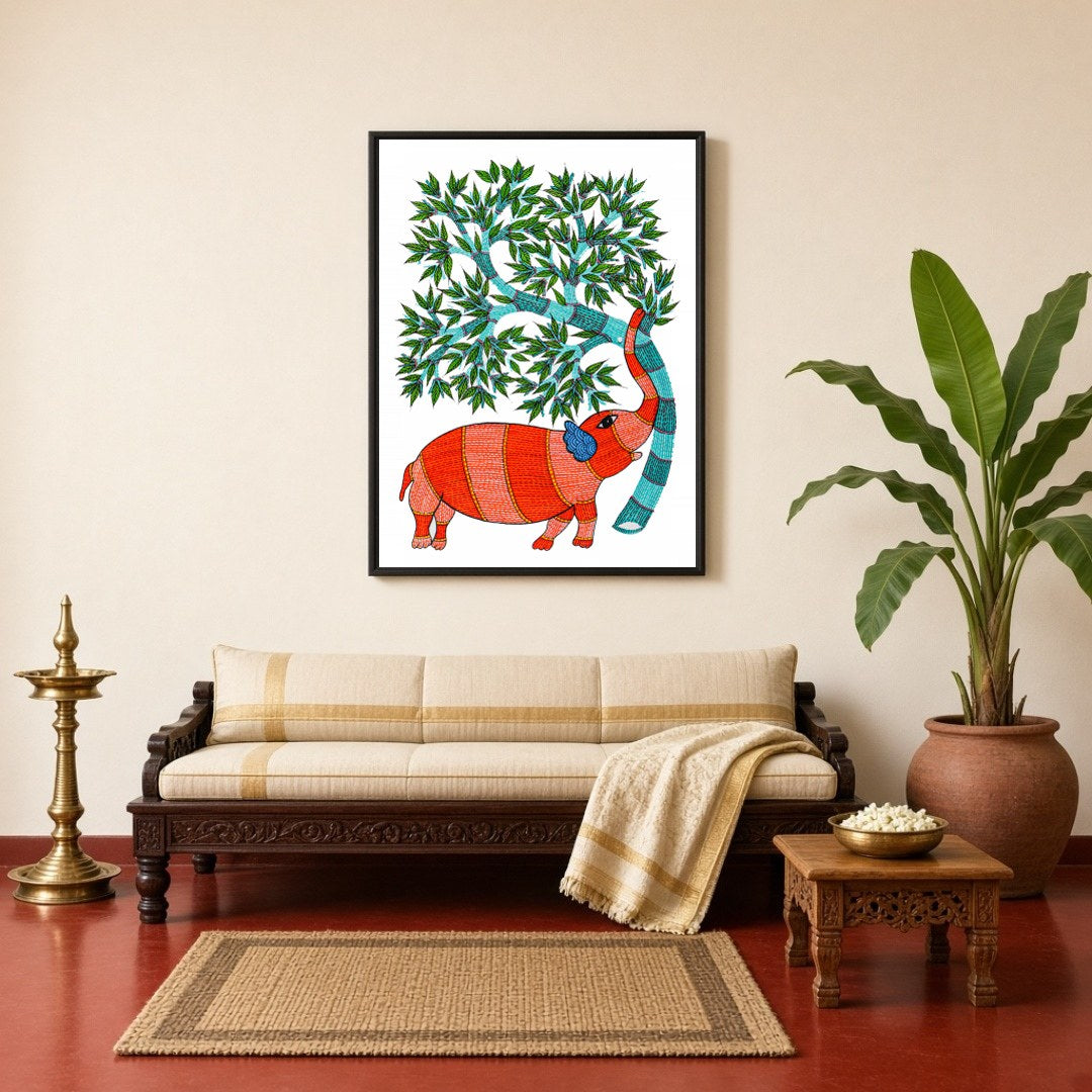 Experience the vibrant allure of Gond art with this captivating depiction of an elephant gracefully for Living Room