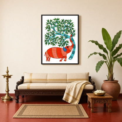 Experience the vibrant allure of Gond art with this captivating depiction of an elephant gracefully for Living Room