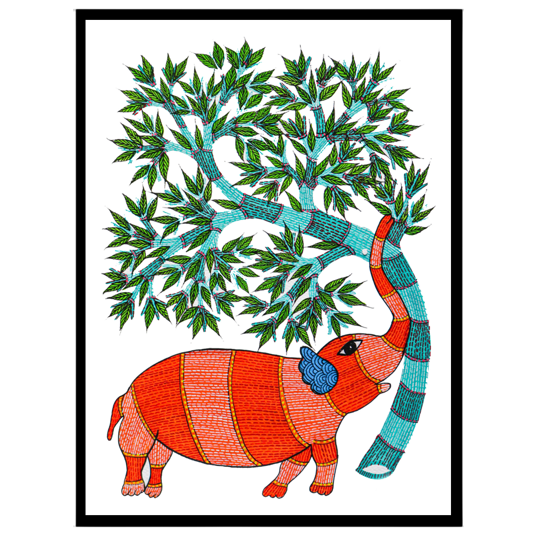 Experience the vibrant allure of Gond art with this captivating depiction of an elephant gracefully for loft