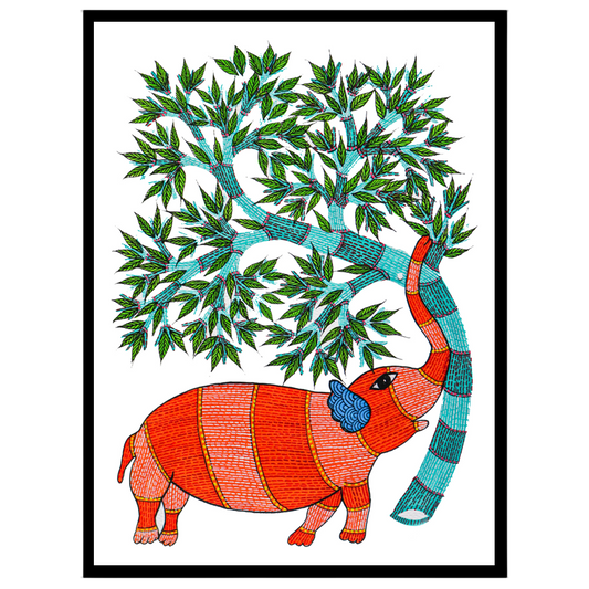 Experience the vibrant allure of Gond art with this captivating depiction of an elephant gracefully for loft