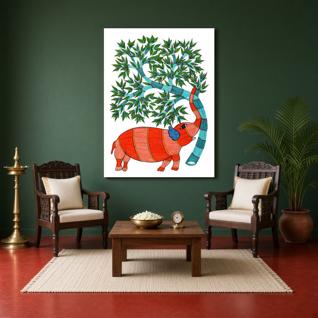 Experience the vibrant allure of Gond art with this captivating depiction of an elephant gracefully for Sitting Area