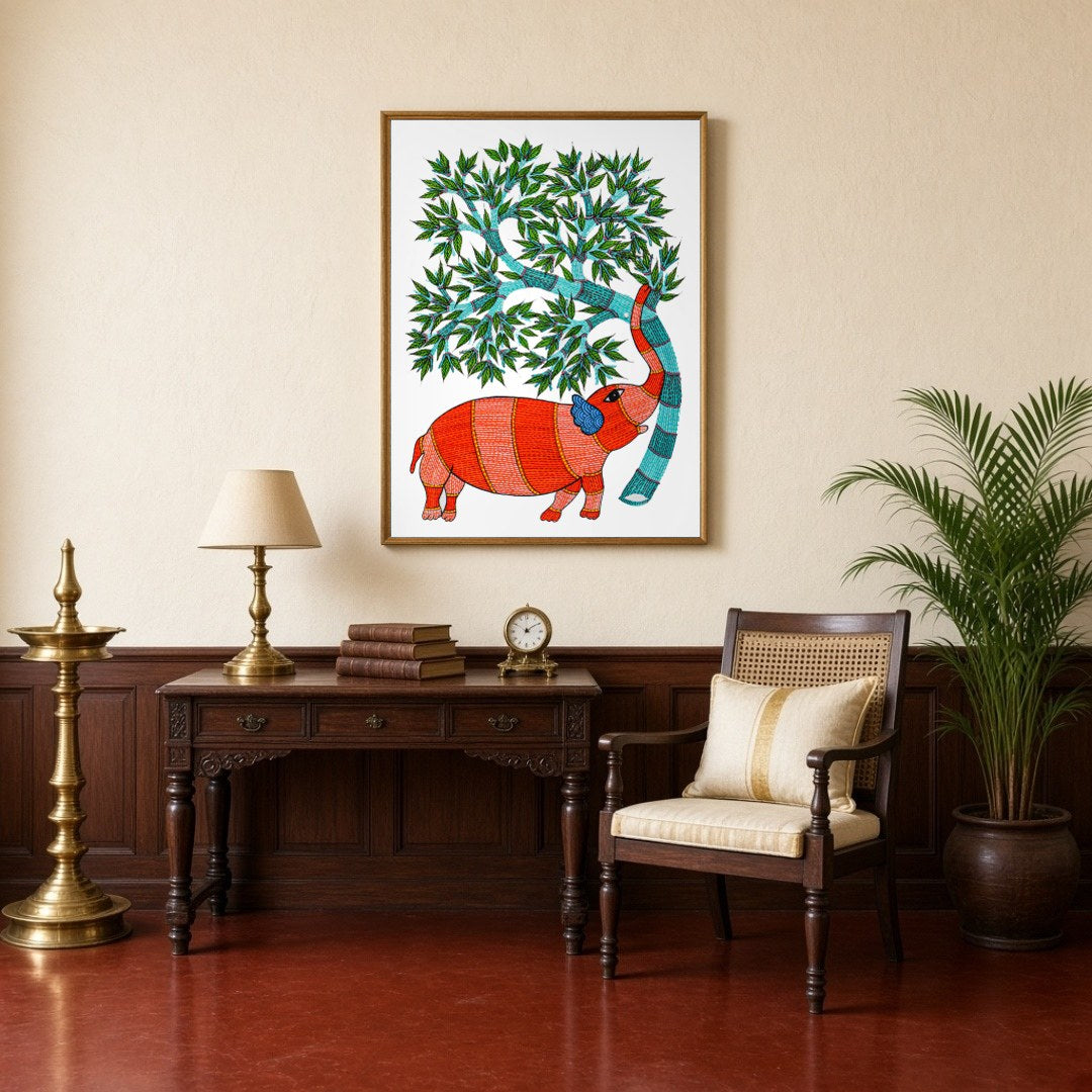 Experience the vibrant allure of Gond art with this captivating depiction of an elephant gracefully for Study
