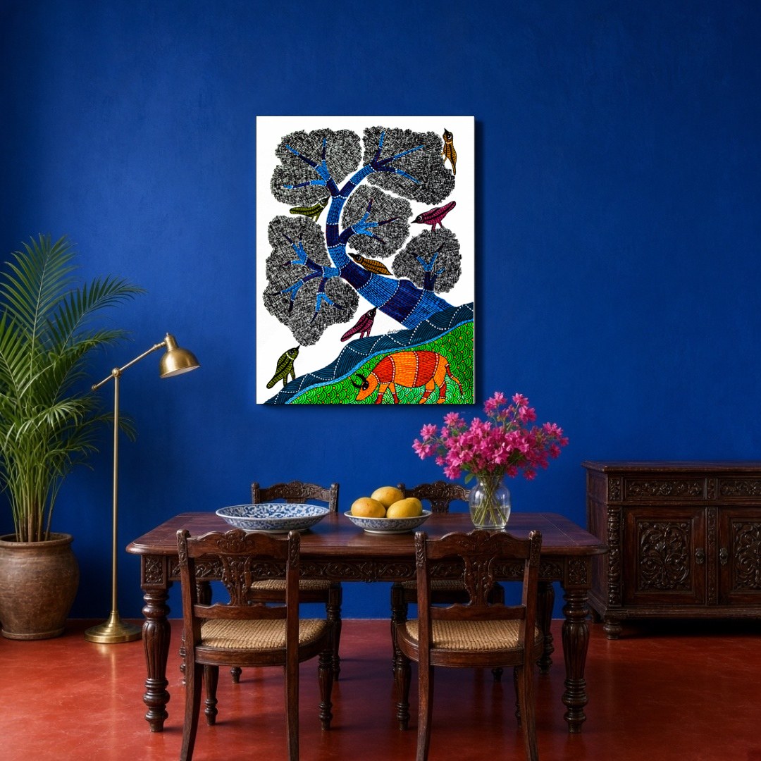 This mesmerizing Gond art piece captures the harmony of nature with its intricate depiction of for Dining