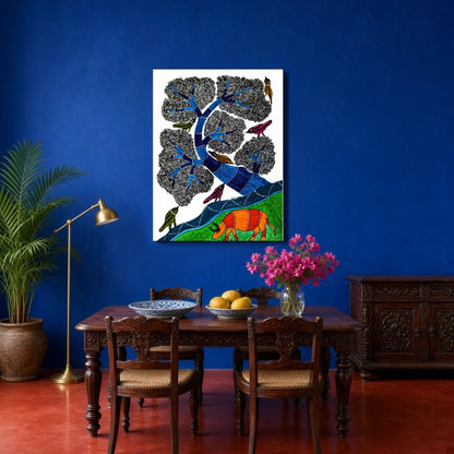 This mesmerizing Gond art piece captures the harmony of nature with its intricate depiction of for Dining