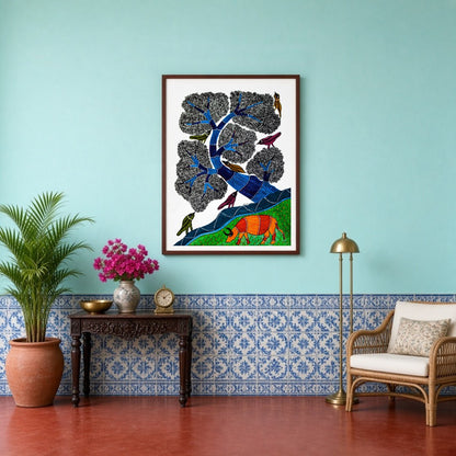 This mesmerizing Gond art piece captures the harmony of nature with its intricate depiction of for Entrance