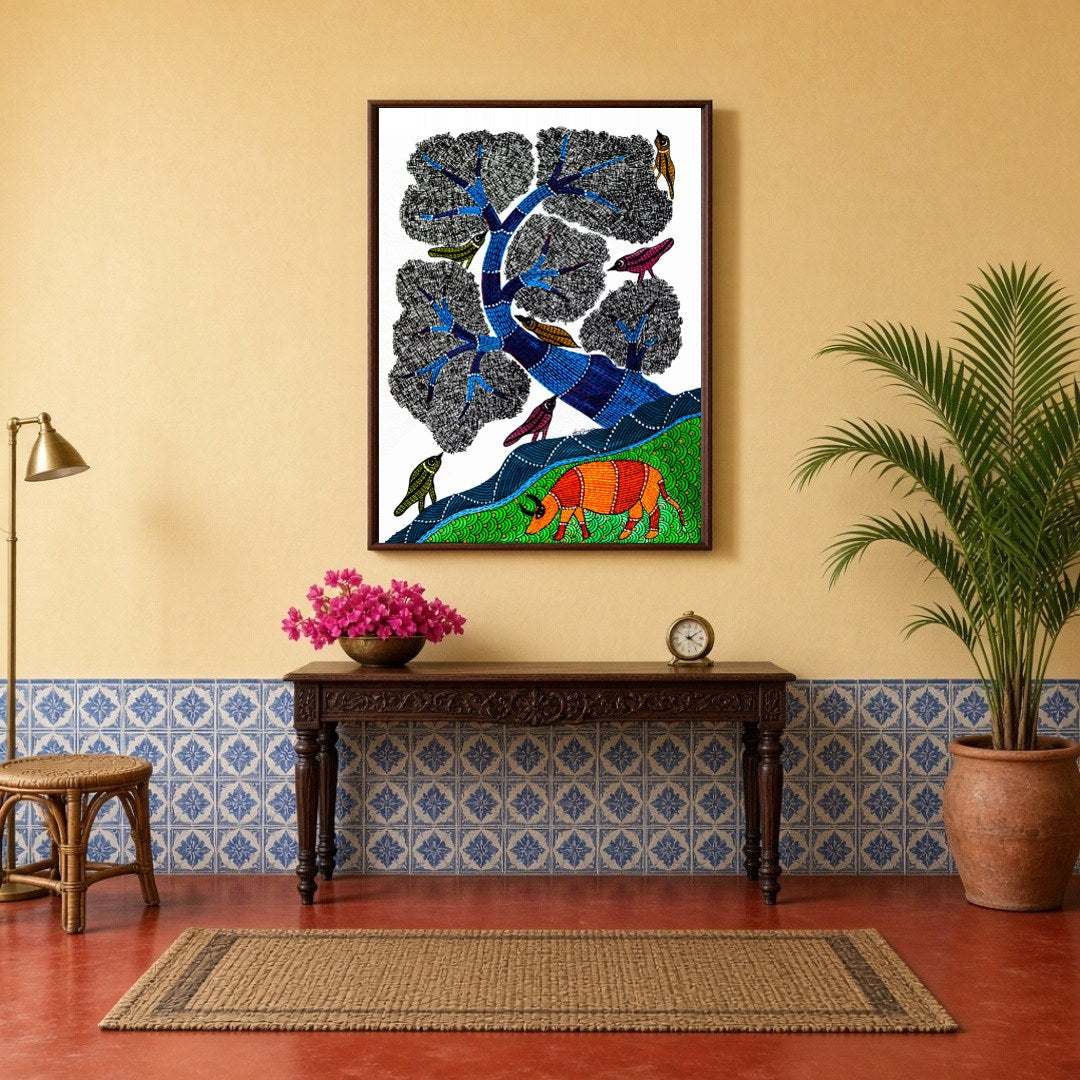 This mesmerizing Gond art piece captures the harmony of nature with its intricate depiction of for Hallway