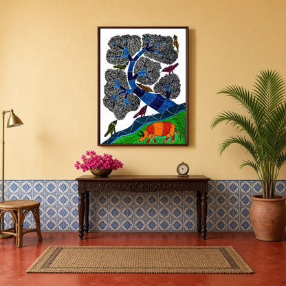 This mesmerizing Gond art piece captures the harmony of nature with its intricate depiction of for Hallway