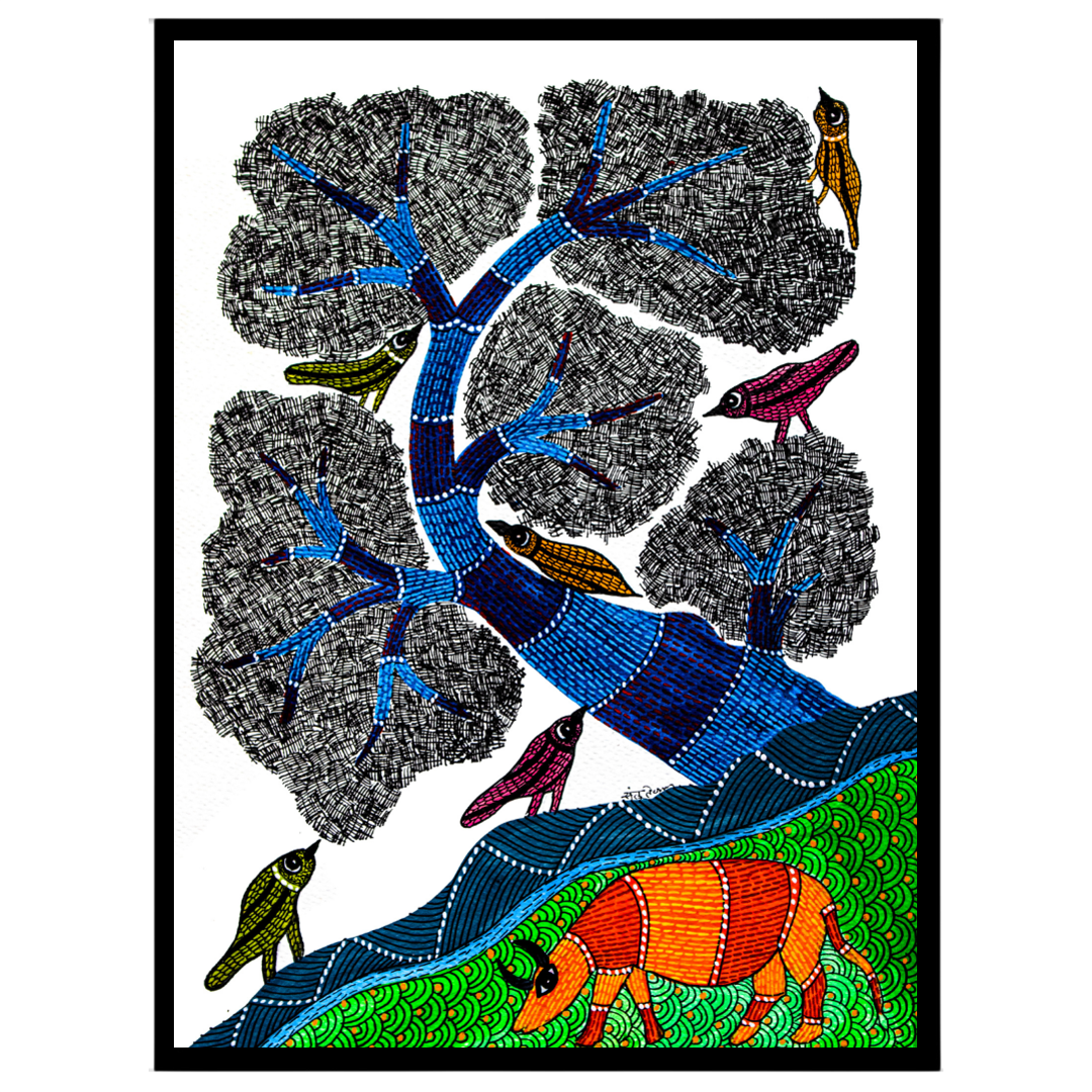 This mesmerizing Gond art piece captures the harmony of nature with its intricate depiction of for home