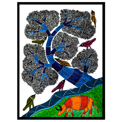 This mesmerizing Gond art piece captures the harmony of nature with its intricate depiction of for home