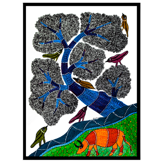 This mesmerizing Gond art piece captures the harmony of nature with its intricate depiction of for home