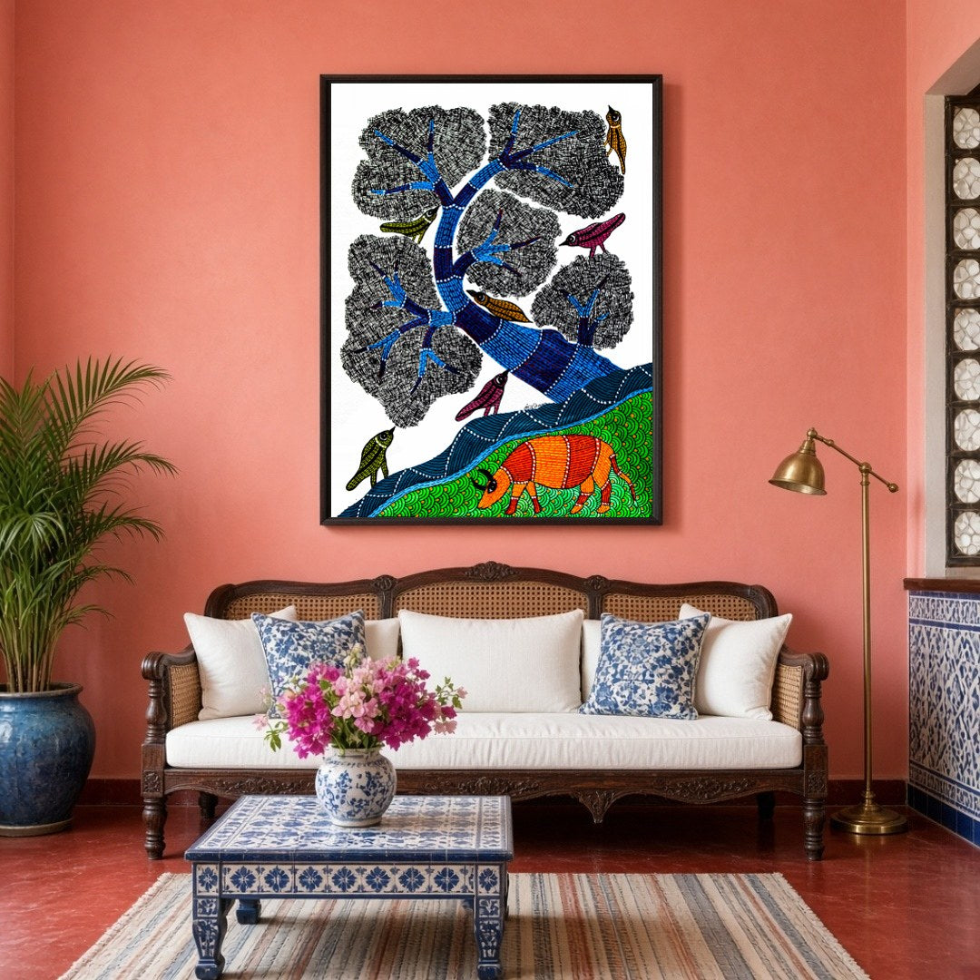 This mesmerizing Gond art piece captures the harmony of nature with its intricate depiction of for Living Room