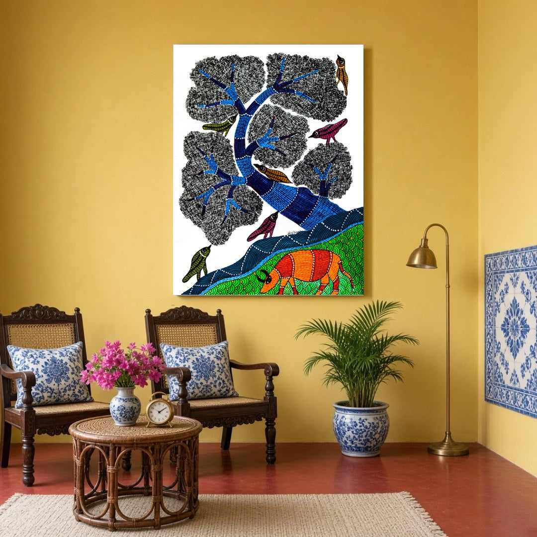 This mesmerizing Gond art piece captures the harmony of nature with its intricate depiction of for Sitting Area