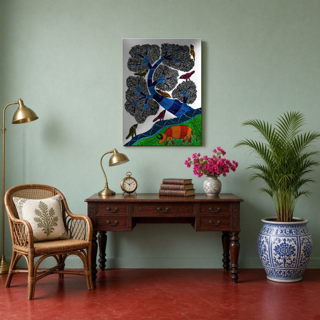 This mesmerizing Gond art piece captures the harmony of nature with its intricate depiction of for Study