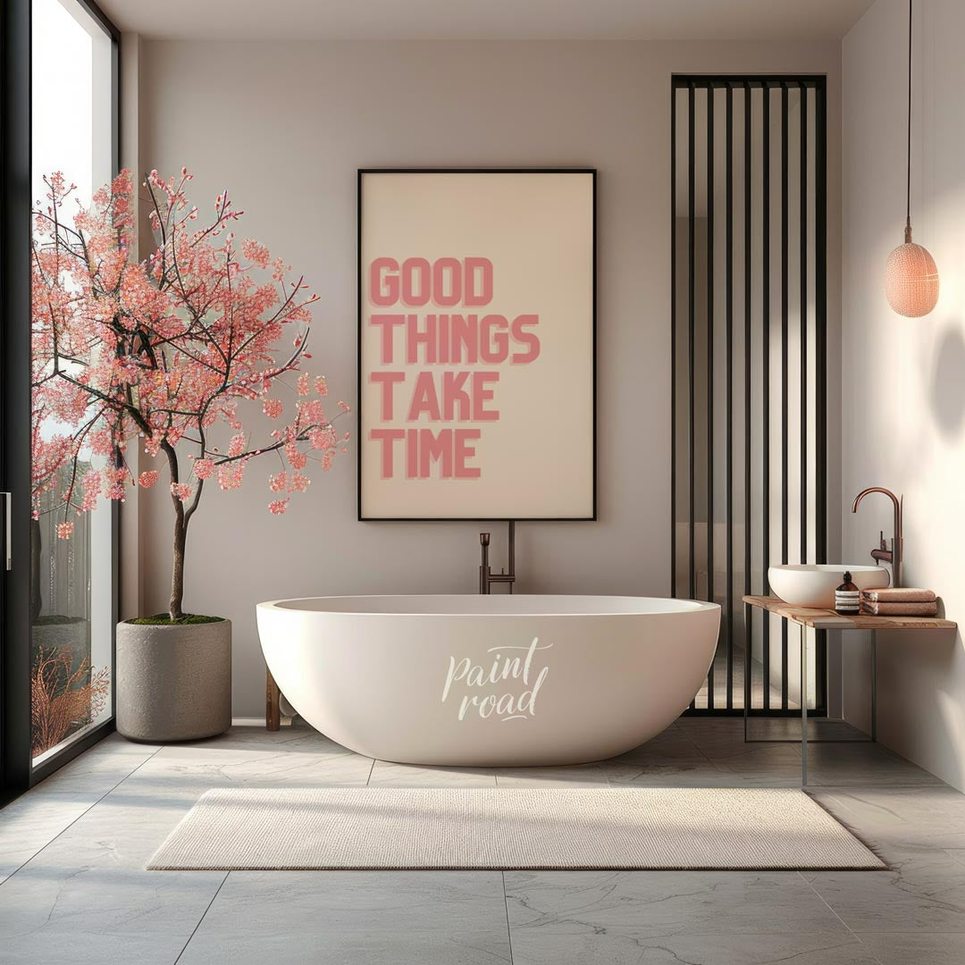 This minimalist yet impactful artwork features the encouraging phrase “GOOD THINGS TAKE TIME” rende… for bathroom