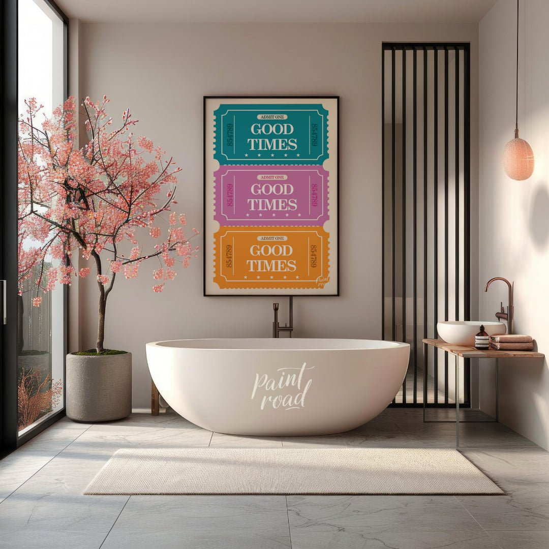 This playful graphic features a stack of three vibrantly colored “ADMIT ONE” tickets, each inviting… for bathroom