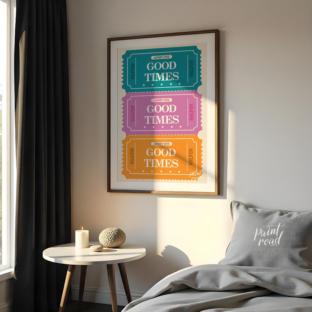This playful graphic features a stack of three vibrantly colored “ADMIT ONE” tickets, each inviting… for bedroom