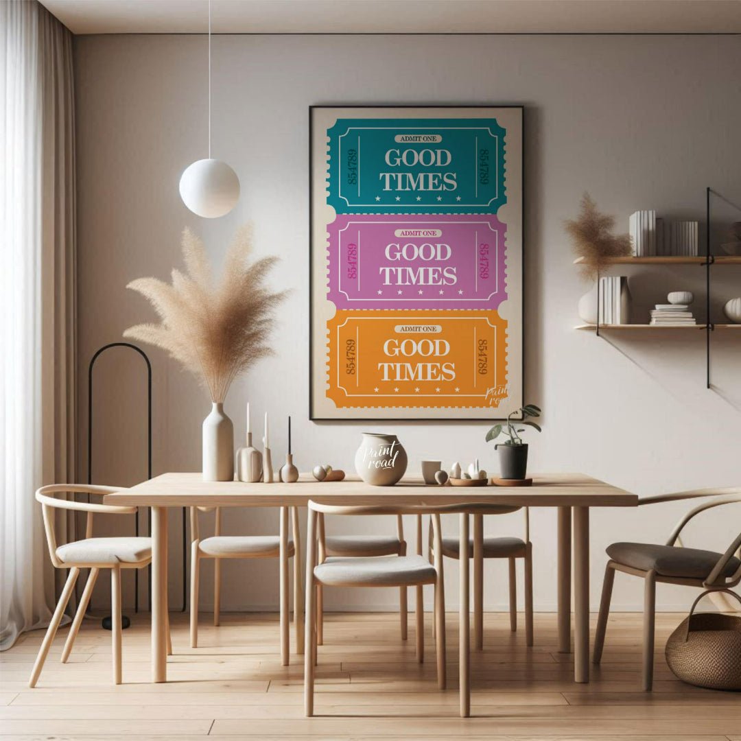 This playful graphic features a stack of three vibrantly colored “ADMIT ONE” tickets, each inviting… for dining room