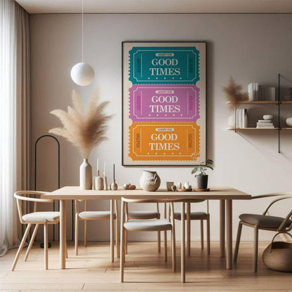 This playful graphic features a stack of three vibrantly colored “ADMIT ONE” tickets, each inviting… for dining room
