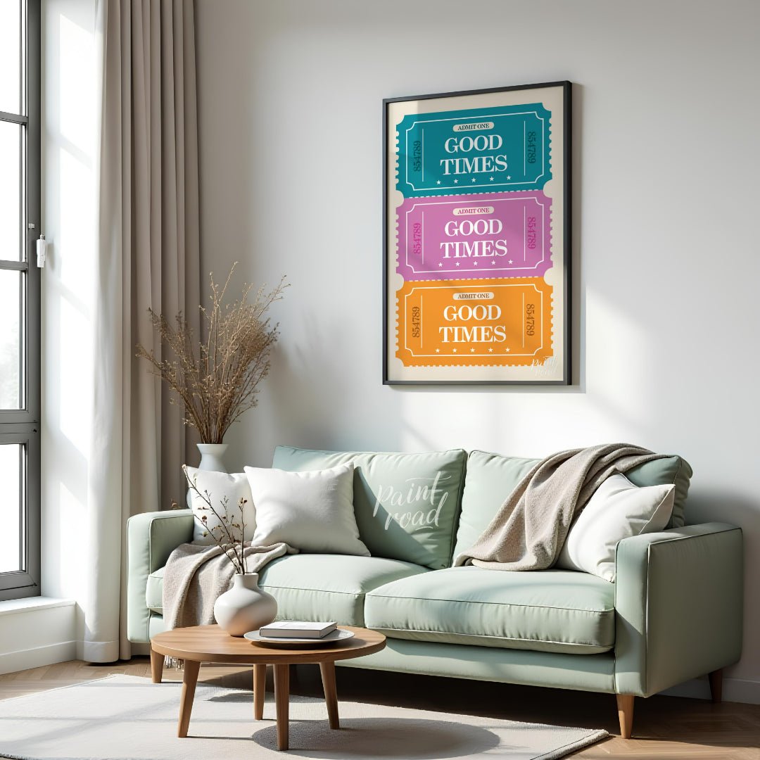 This playful graphic features a stack of three vibrantly colored “ADMIT ONE” tickets, each inviting… for living room