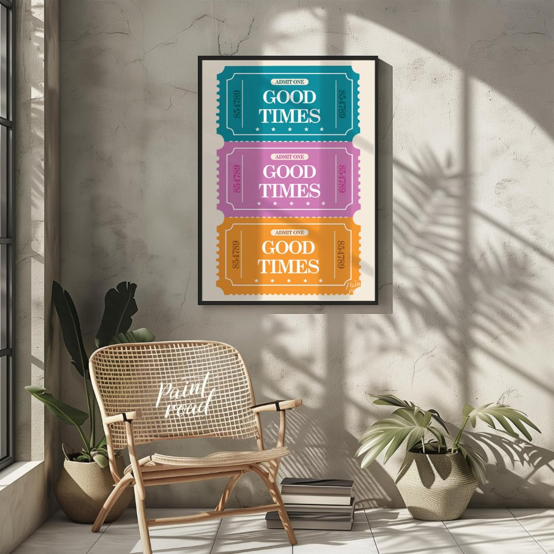 This playful graphic features a stack of three vibrantly colored “ADMIT ONE” tickets, each inviting… for living room