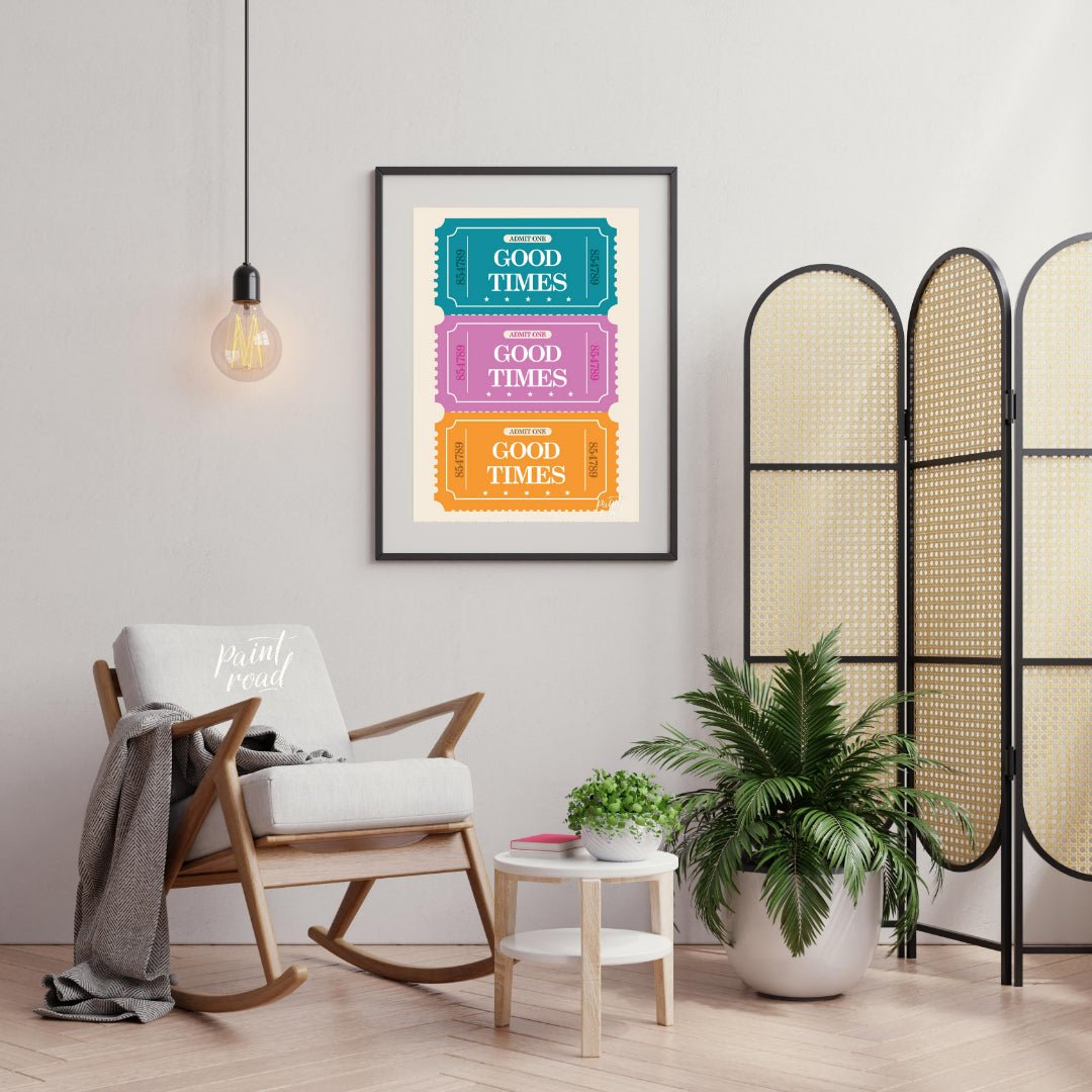 This playful graphic features a stack of three vibrantly colored “ADMIT ONE” tickets, each inviting… for living room