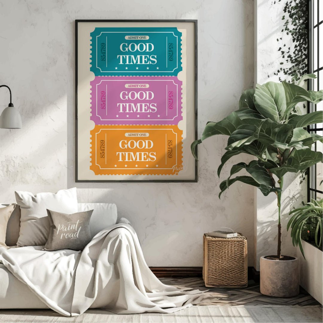 This playful graphic features a stack of three vibrantly colored “ADMIT ONE” tickets, each inviting… for living room